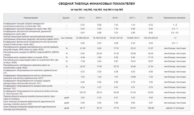 Сводная таблица финансовых показателей