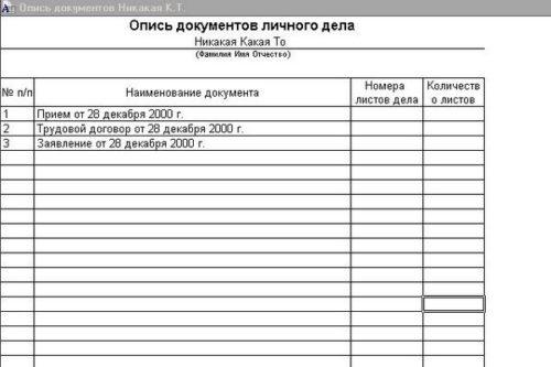 Как писать опись документов на почте образец