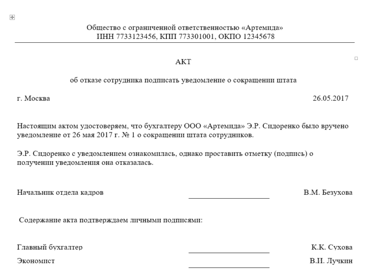 Акт об отказе от подписи в акте об отсутствии на рабочем месте образец