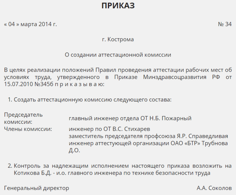 Приказ о создании временной комиссии образец